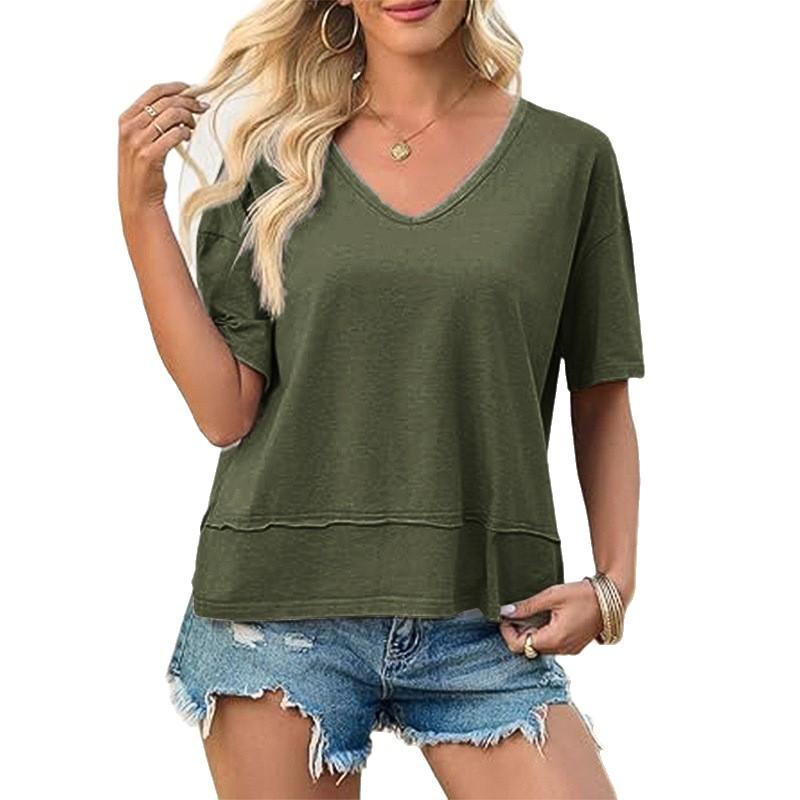 Everyday Style Minimalist Womens Summer V Neck T Shirts Tees  Casual Short Sleeve Flowy Tops Cute Loose Fit Basic