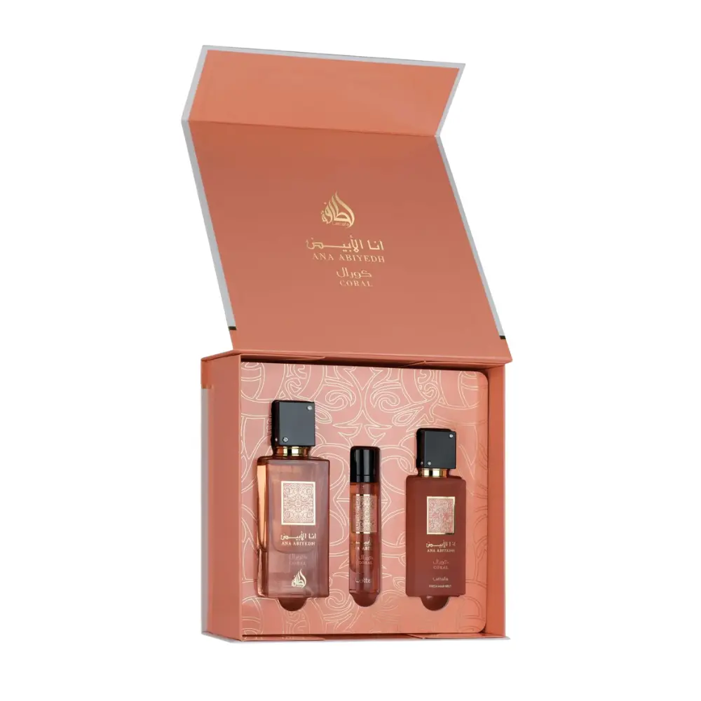 Lattafa Ana Abiyedh Coral Gift Set | Eau de Parfum 60ml + Travel Spray 12ml + Hair Mist 50ml | Fruity Tropical Vanilla Fragrance for Men & Women