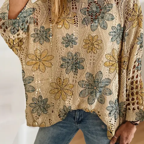 Women's Blue Floral Print Knit Top Blouse, Casual Elegant Feminine Vacation Everyday Style, Comfortable Breathable Loose Fit, Batwing Shoulder Design