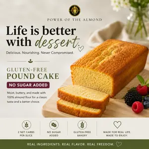 No Sugar Added Low Carb Keto Pound Cake Loaf Dessert Food - Best Seller with 1-2 Net Carbs per Slice & Gluten Free Ingredients
