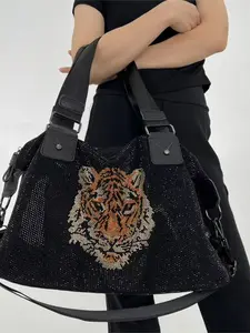 Black Full Rhinestone Tiger Tote Bag Shiny Large Capacity Handbag Casual Shoulder Bag for Women