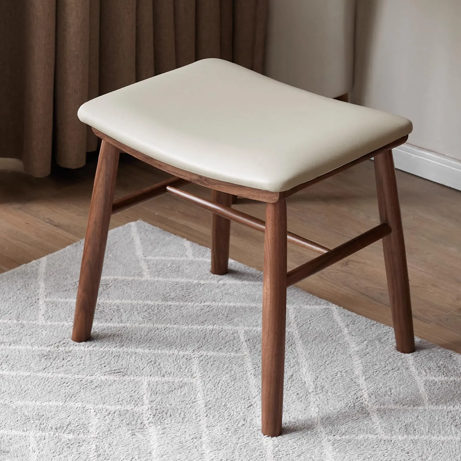 YESWOOD Durable Fully Assembled Solid Wood Vanity Stool - FAS Grade Oak/Black Walnut Backless Compact Dressing Chair with PU Leather Seat, Versatile Modern Small Chair for Vanity, Bedroom, Entryway