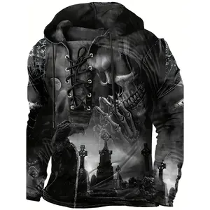 [Gothic Skull Hoodie] Black Gothic 3D Skull Print Hoodie - Men's Long Sleeve Pullover with Lace-Up Detail, Casual Polyester Blend, Machine Washable
