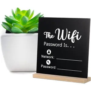 Wooden WiFi  Password Sign Chalkboard Style Board Freestanding Centerpiece Decor Wooden Framed Sign for  Business, 8.46 x 8.46 Inches (WiFi Password Theme)