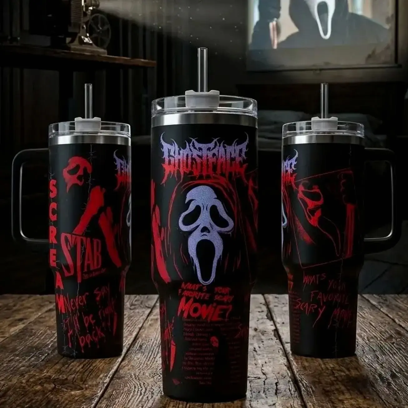 Scream 7 Ghostface Custom Insulated Vacuum Tumbler - 40oz With Handle, Reusable Silicone-Enhanced Drinkware, Lid & Cover Included, Movie Fan Gifts