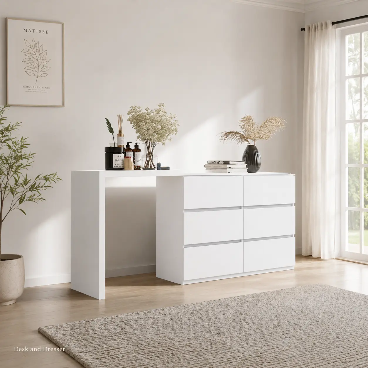 White Bedroom Vanity Desk - 6 Handle-Free Drawers, Extended Desktop Storage Cabinet for Dressing Room, Home Office
