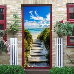 2pcs Fresh Natural Beach Scenery Wooden Plank Path Wall Sticker Summer Ocean Theme Bedroom Living Room Background Wall Decor Sticker Self Adhesive Removable Landscape Decal Home Decor Art Sticker Vinyl Sticker