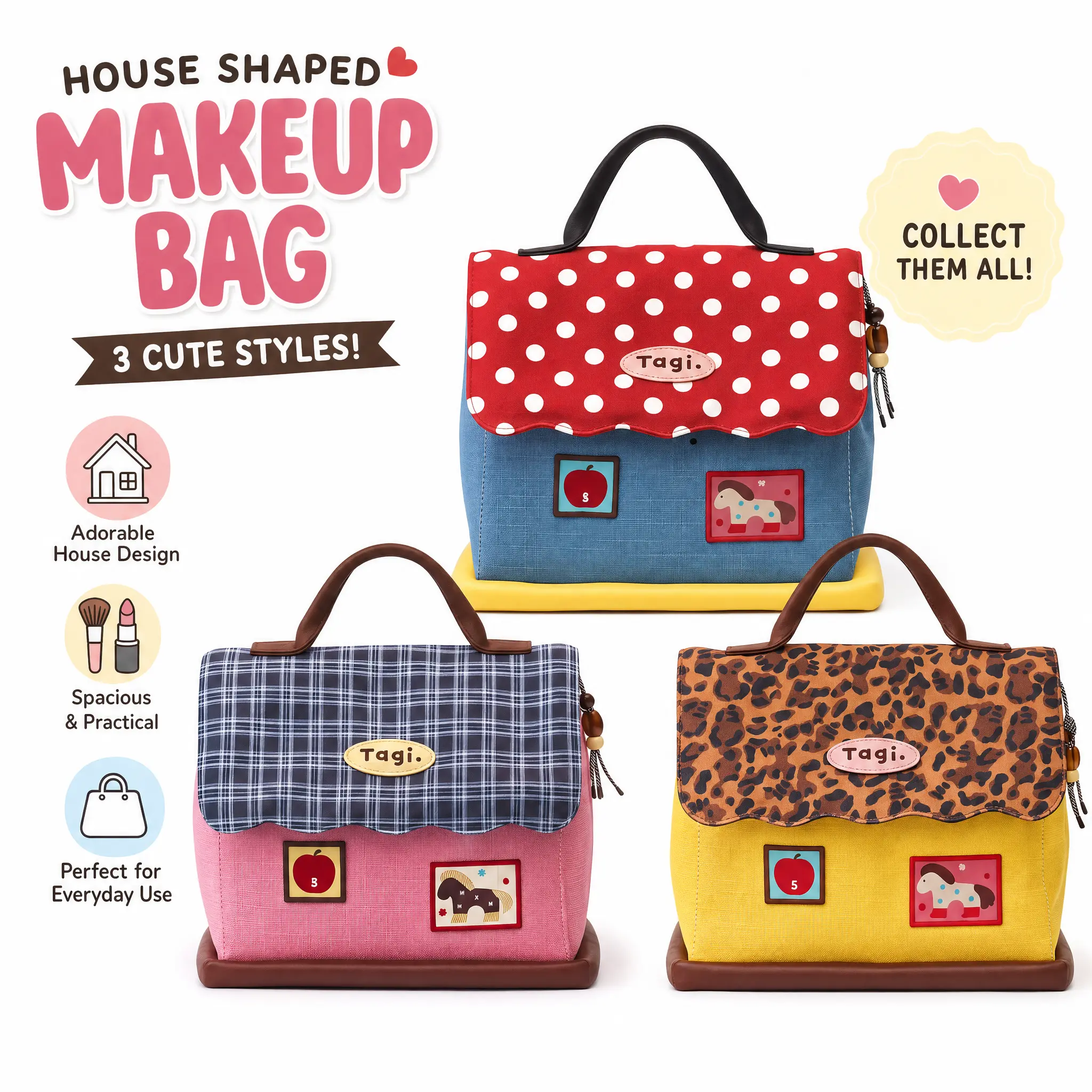 Women's Cute House Top-Opening PVC Make-Up Bag, Large Capacity Waterproof PU Leather Structured Easy-Carry Compartments Make-Up Bag, Travel Toiletry Organizer with Handle, Structured Make-Up Bags, Top-Opening Make-Up Bags