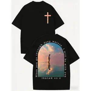 Cross & Isaiah Verse Design  T-Shirt Retro Streetwear Double-Sided Print Pattern Men's T-Shirt Summer Wear