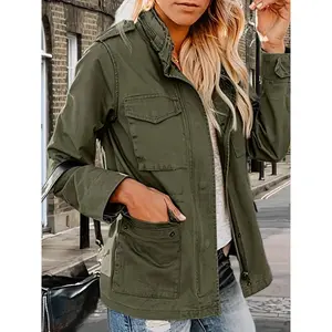 Women'S Casual Military Anorak Jacket - Zip-Up Snap Button, Parka with Pockets, Long Sleeve, Solid Color, Regular Fit, Fall/Winter Outdoor Coat, Casual Outdoor Wear |   Functional Pockets |   Zippered Jacket Tops Womenswear