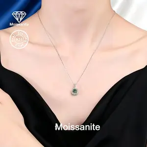 925 Sterling Silver Green Moissanite Cushion Halo Pendant Necklace, VVS1 Sparkling Diamond Alternative, Square Cushion Cut Halo Statement Necklace, Luxury Bridal Wedding & Daily Wear Jewelry, Perfect Valentine's & Birthday Gift for Her