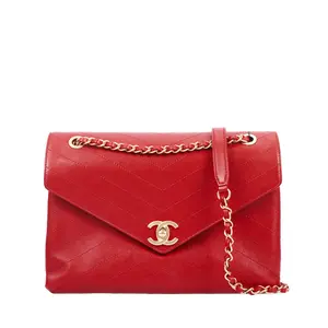 Pre-owned CHANEL Calfskin Crossbody Bags Chevron Flap Red 66636906