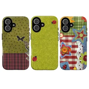Vintage Ladybug Patchwork Smartphone Case, Cute Collage Aesthetic Green Polka Dot & Gingham Kawaii Bug Casing for iPhone 11-17 & Galaxy, Handheld Cellphone Accessories, Perfect Gift for Women