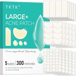 TKTK  Large Pimple Patches for Face(Strip, Contoured, Dot 5 Sizes 300 Count) , Acne Patches 60 x 20 mm, XL Hydrocolloid Bandages for Forehead,Chin,Full Face,Back,Neck and Body Skincare,acne clearing products,pimple patch,TikTokShopLaborDaySale