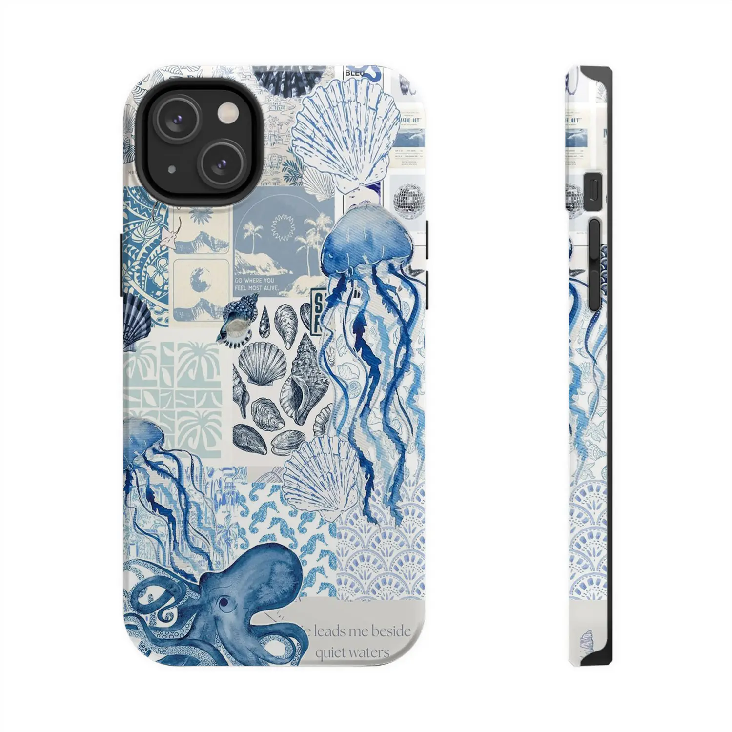 Blue Ocean Jellyfish Octopus iPhone Case |   Sea Shell Coral Aesthetic Phone Cover |   Marine Retro Art for iPhone 7 8 X 11 12 13 14 15 16 and Samsung S21 S22 S23 S24 Protection Starry Cellphone Protective iphone  17  pro  cas Compatible with Samsung Gala