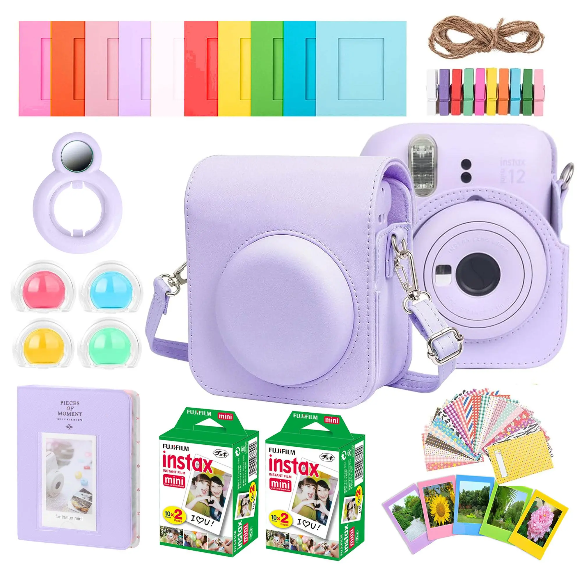 Purple Instant Camera Accessory Kit for Fujifilm Instax Mini 8/9/11/12 - Camera Case, Photo Album, Frames, Stickers, Lens Filters, 2x Fujifilm 10-Sheet Mini Instax Film Packs