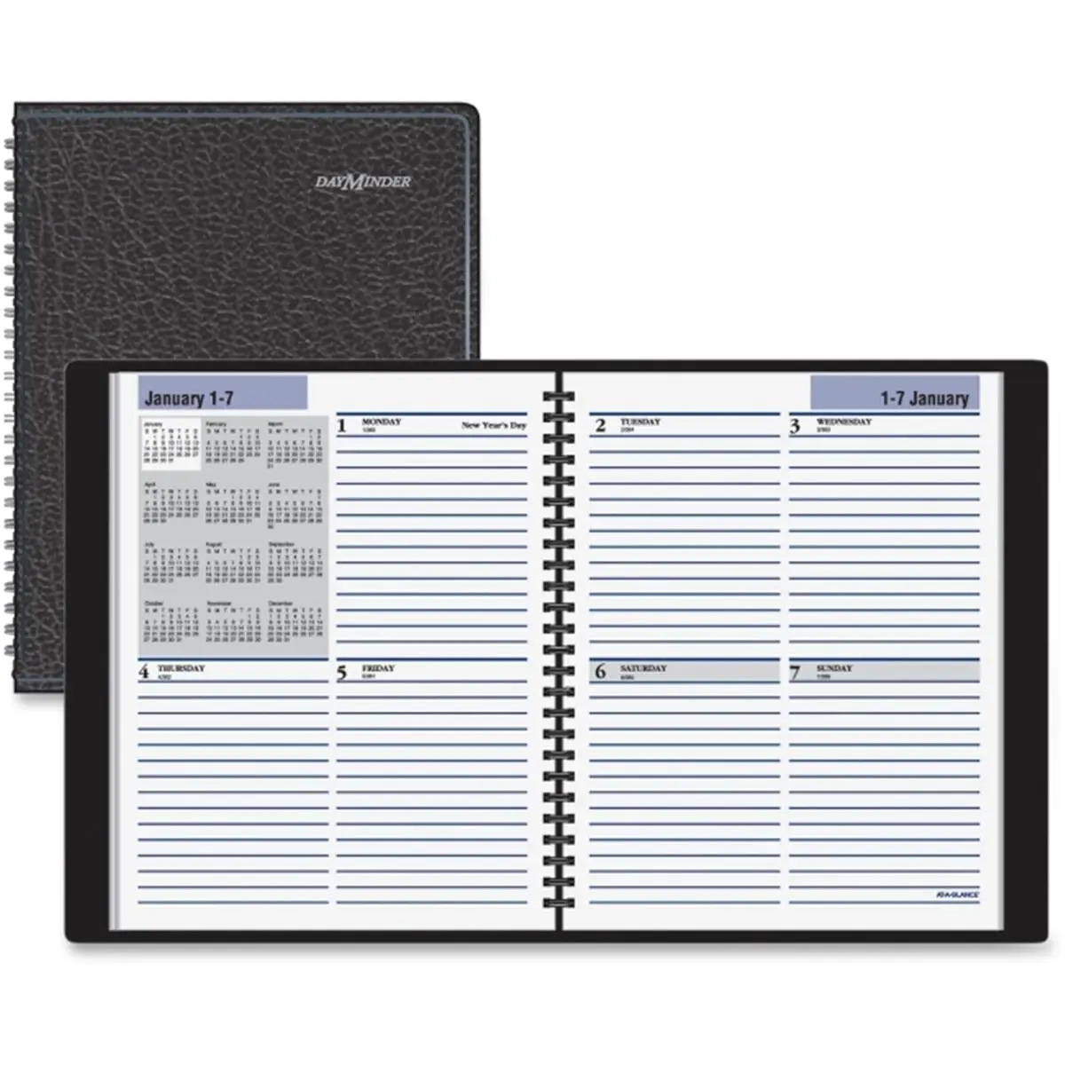 212 MAIN At A Glance DayMinder Ruled Pages Weekly Planner - Simulated Leather Cover, Black
