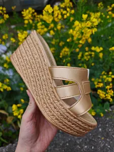 Women's Thick Sole Wedge Sandals, Espadrille Platform Woven Jute Mules, Height Increasing Shoes, Casual Fashion Footwear, PU Leather Upper, Rubber Sole, Wedged Sandals
