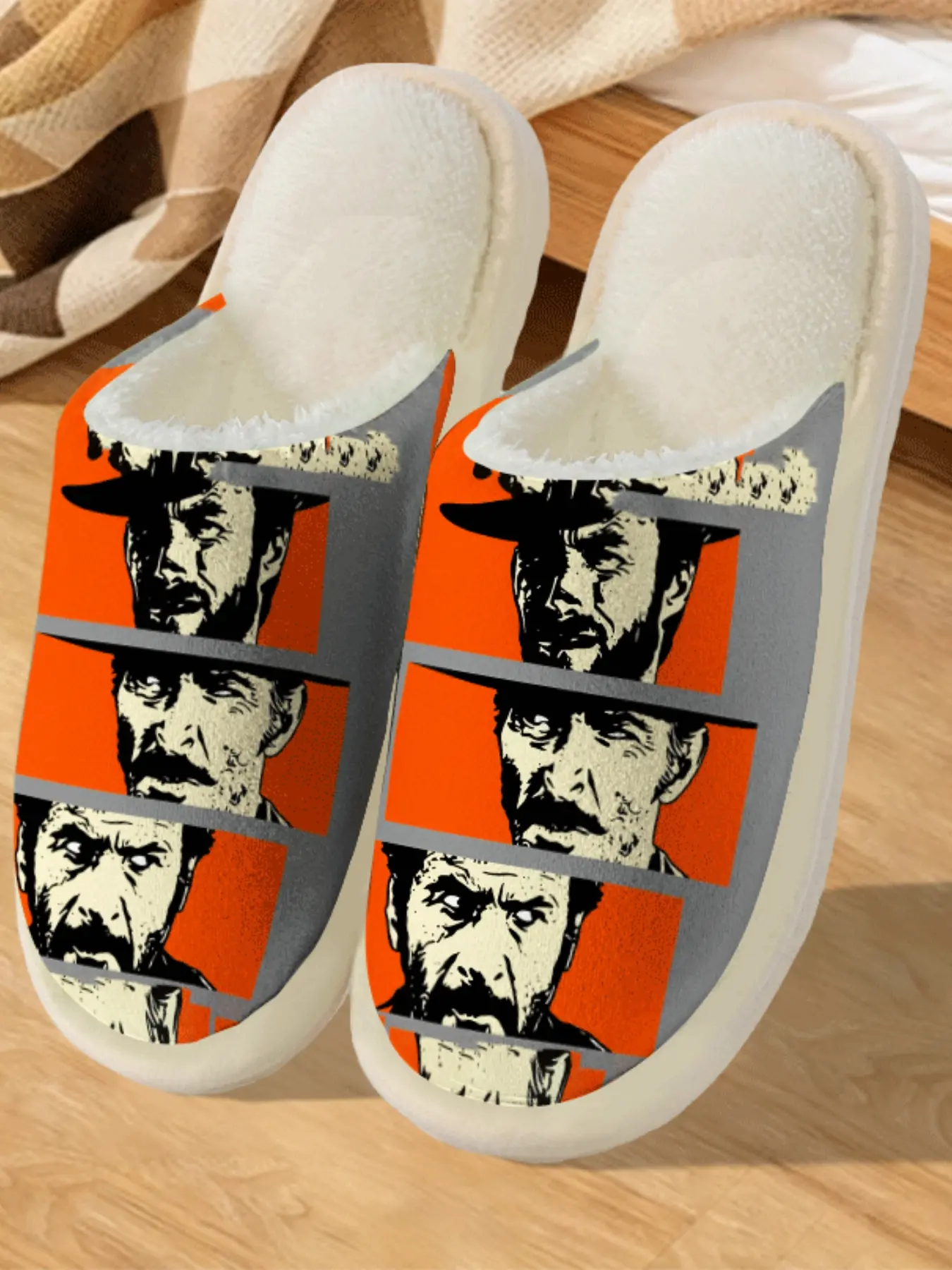Western Cowboy Print Cotton Slippers, Vintage Tough Guy Style, Fuzzy Lined Anti-Slip Thick Sole, Home Western Film Enthusiast Fall Winter Warm Shoes