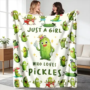 Cute Pickled Cucumber Theme Blanket, High-Weight Flannel Fabric, Soft and Warm, Anti-Wrinkle, Easy Clean, Perfect Gift for Food Lovers
