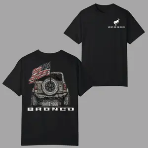 Bronco Since 1966 T-shirt, 2 Sides, Rear SUV Graphic with American Flag and Off-Road Tires, Soft Cotton Blend Shirt, Patriotic Adventure Apparel, Gift for Bronco Fans for Men & Women, 2000s Outfits, Graphic Tees, 4th July Outfit
