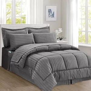 Elegant Comfort 8-Piece Dobby Stripe Comforter Set - Includes 4-Piece Sheet Set with Double Sided Storage Pockets Modern Bedding Set