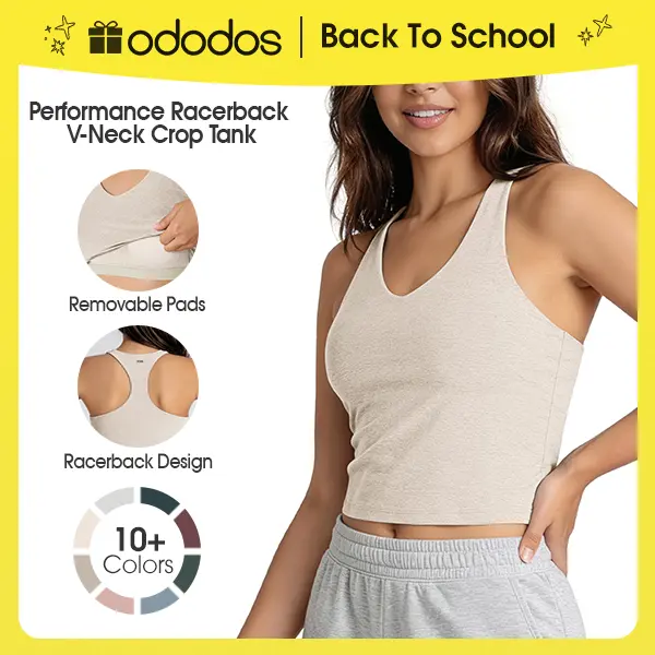 ODODOS Women's Performance Racerback V-Neck Crop Tank with Built-in Bra, Ultra Soft odSTRATUM Tech Light Support Yoga Bra