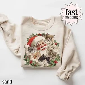 [Sale off up to 50%] Santa Claus Kittens Christmas Sweatshirt, Retro 90s Old Saint Nick Holiday Crewneck Funny Ugly Christmas Sweater, Xmas Gift For Cat Lovers, streetwear graphic tee