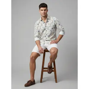 Men's Tropical Bamboo Leaf Print Button-Down Shirt - White & Tan Long Sleeve Casual Summer Shirt