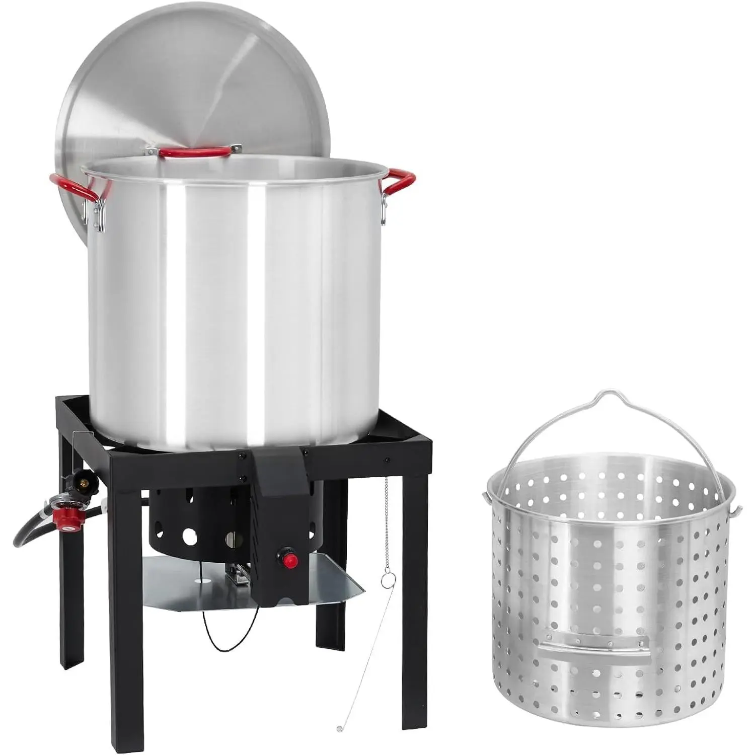 100QT Aluminium Seafood Boil Cooker Set with Basket, 110000 BTU Propane Burner with Electronic Ignition for Crawfish, Crab, Outdoor Party Cooking