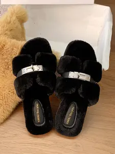 Women's Cotton, Korean Style Plush Shoes, Winter Warm Casual Fashion, Comfortable Rubber Sole, Cute Back to School Design, Non Slip Slippers, Fuzzy House Slippers