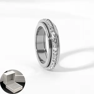 Men's and women's anxiety rings, titanium steel spiral ring, cubic zirconia to relieve anxiety, wedding promise, lucky ring, comfortable fit, size 5 to 10
