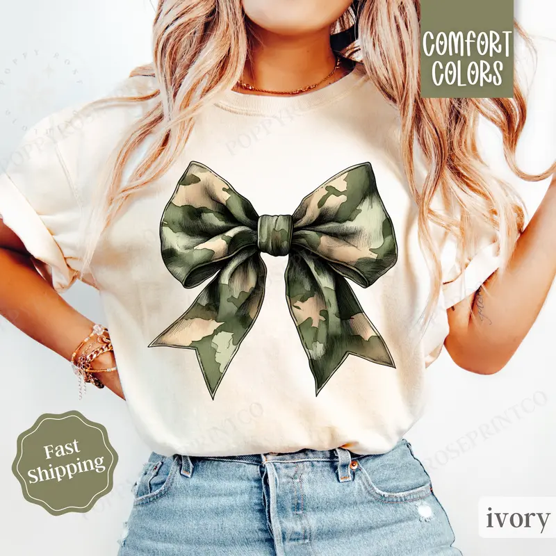 Camo Bow Shirt Comfort Colors, Womens Hunting SeasonTee, Womenswear Oversized Crewneck Fall Shirt