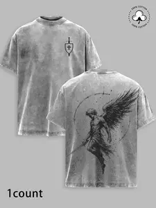 Men's Washed Cotton Short Sleeve T-Shirt, Gothic Angel Print Top, Distressed Gray Shirt With Angel Sword Back Print, Unisex Urban Fashion, For Daily Wear And Theme Parties