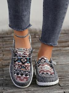 women's summer fashionable ethnic pattern lace up front canvas shoes, work shoes, flat sneakers, casual comfortable low top outdoor shoes for daily wear, new trendy loafers, trending shoes, walking shoes, trainers