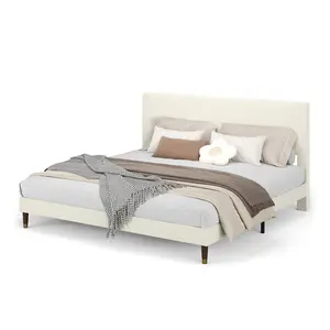 Garvee Corduroy Upholstered Platform Bed Frame with Headboard, Minimalist Design, Wooden Slats Support, Noise-Free, No Box Spring Needed, Easy Assembly, Light Cream, King Size