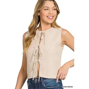 Zenana Tie Front Cropped Sweater Vest