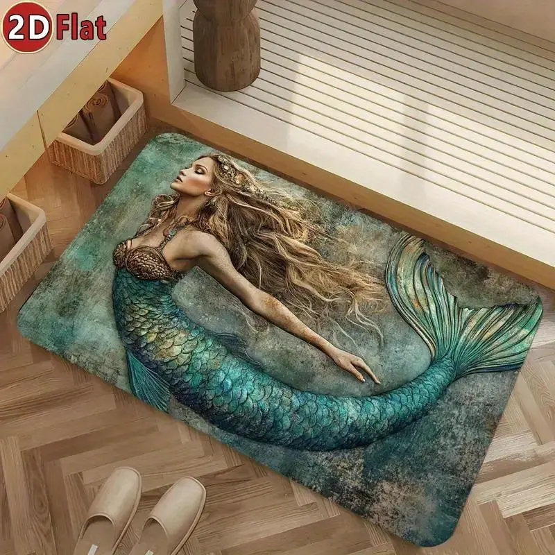 1pc Mermaid-Themed Non-Slip Quick-Dry Bath Mat - Absorbent Diatomaceous Earth Rug with Teal Green Ocean Design, Perfect for Bathroom, Kitchen, and Living Room Decor - Ideal Gift for Mermaid Lovers, Bathroom Rug
