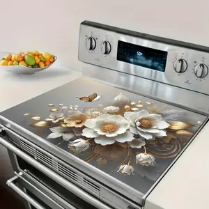 1 gold floral 3D stove mat - anti slip polyester kitchen protection mat with bright white flowers and gold accents, home decoration, Kitchenware, suitable for stoves and countertops, absorbent mats, insulation mats