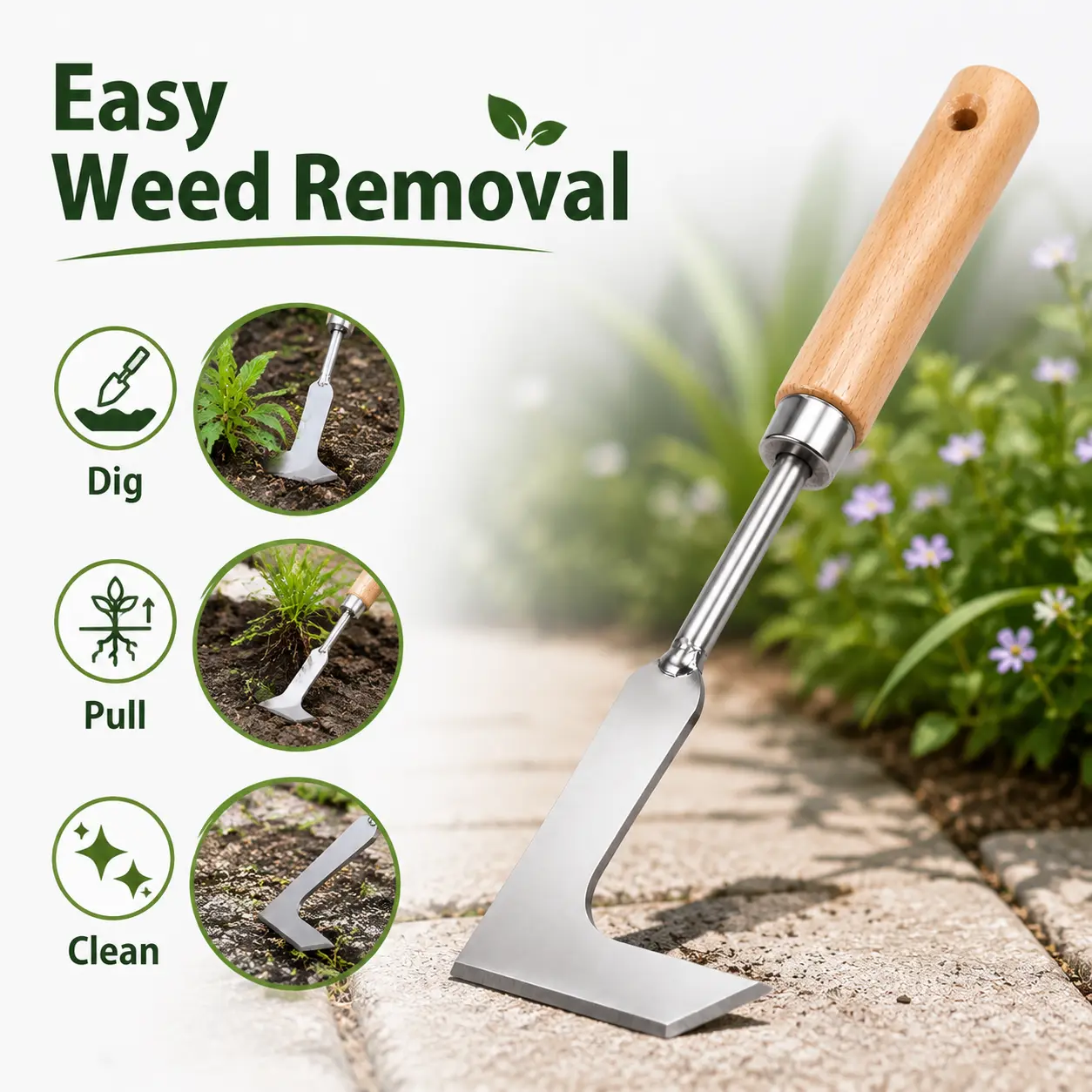 Manual L-Shaped Stainless Steel Weed Cutter with Reinforced Blade - Single Tool Garden Hoe for Sidewalk Weeds, Sidewalk Cracks, Driveway Gaps