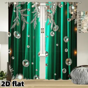 2D Flat 2Pcs Elegant Emerald Green Curtains with Crystal Diamond Print Semi Sunshade Polyester Fiber Silver Pine Branch Pattern Rod Pocket Design Suitable for Living Room Bedroom Kitchen Window Treatment Decorative Holiday Curtain Anti Privacy