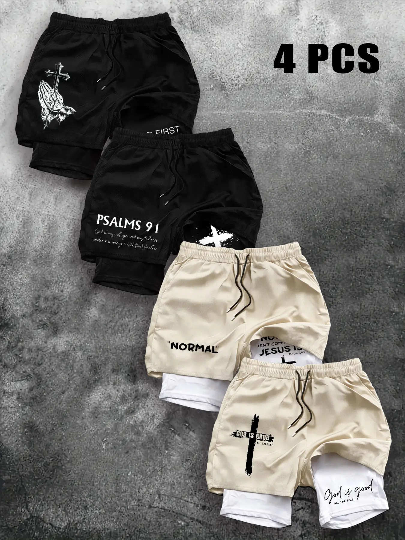 Trendy Men's Cross Faith Print Shorts, Dark Aesthetic Design, 4-Piece Set, Multiple Styles and Colors, Summer Casual Sports Wear, Graphic Fitness Shorts, Drawstring Shorts, Athletic Casual Shorts