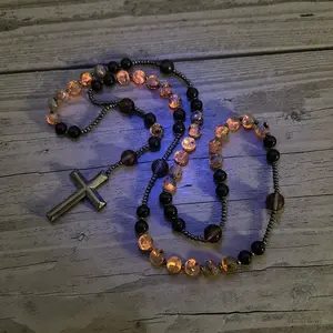 Natural Obsidian Uplite Rosary Necklace, UV-Reactive Protection Necklace, Hematite Cross Pendant Necklace, Perfect Gift for Her, Him, Boyfriend, Girlfriend, Husband, Wife, Dad, Mom, Friends