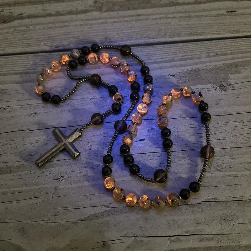 Natural Obsidian Uplite Rosary Necklace, UV-Reactive Protection Necklace, Hematite Cross Pendant Necklace, Perfect Gift for Her, Him, Boyfriend, Girlfriend, Husband, Wife, Dad, Mom, Friends