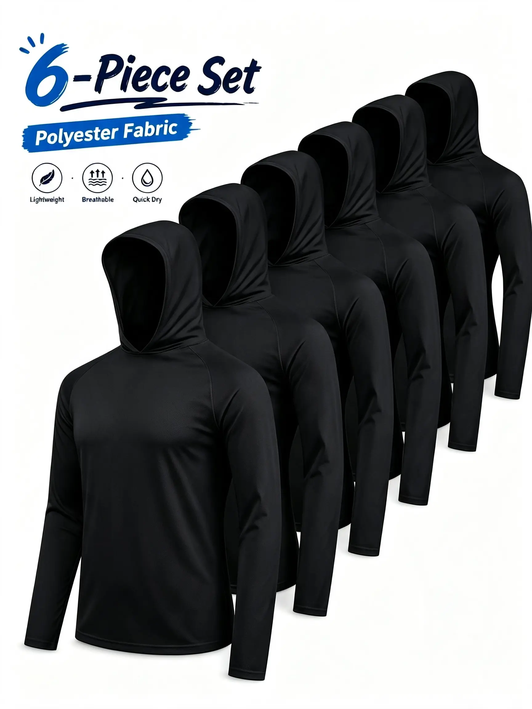 Men's 6-Pack Black Hooded Polyester T-Shirts - Casual Athletic Long Sleeve Quick-Dry Mesh Pullover Tops, Gym Wear with Inclusive Sizes S to 3XL for Workout & Daily Use