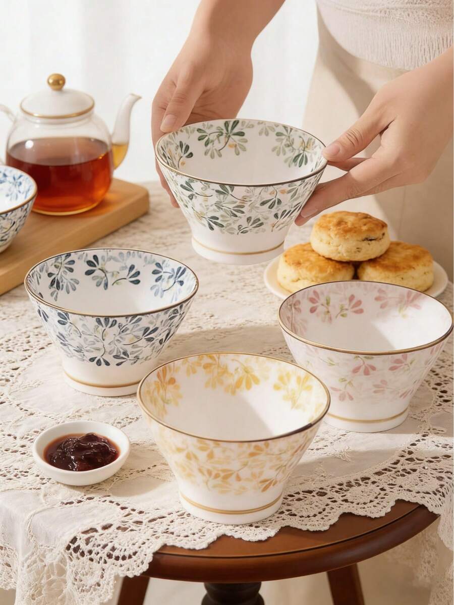 Four-piece ceramic floral dinnerware set, Japanese-style kitchen bowls, decorative bowls for living room and kitchen, four-color dinnerware set, suitable for microwave, oven, refrigerator, and dishwasher(Spoon not included)