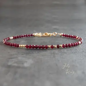 Sofia Natural Red Stone Bracelet 2mm Red Crystal Dainty Bracelet Delicate Faceted Gemstone Beaded Bracelet Anklet Minimalist Style for Women Handmade Valentine's Day Gift