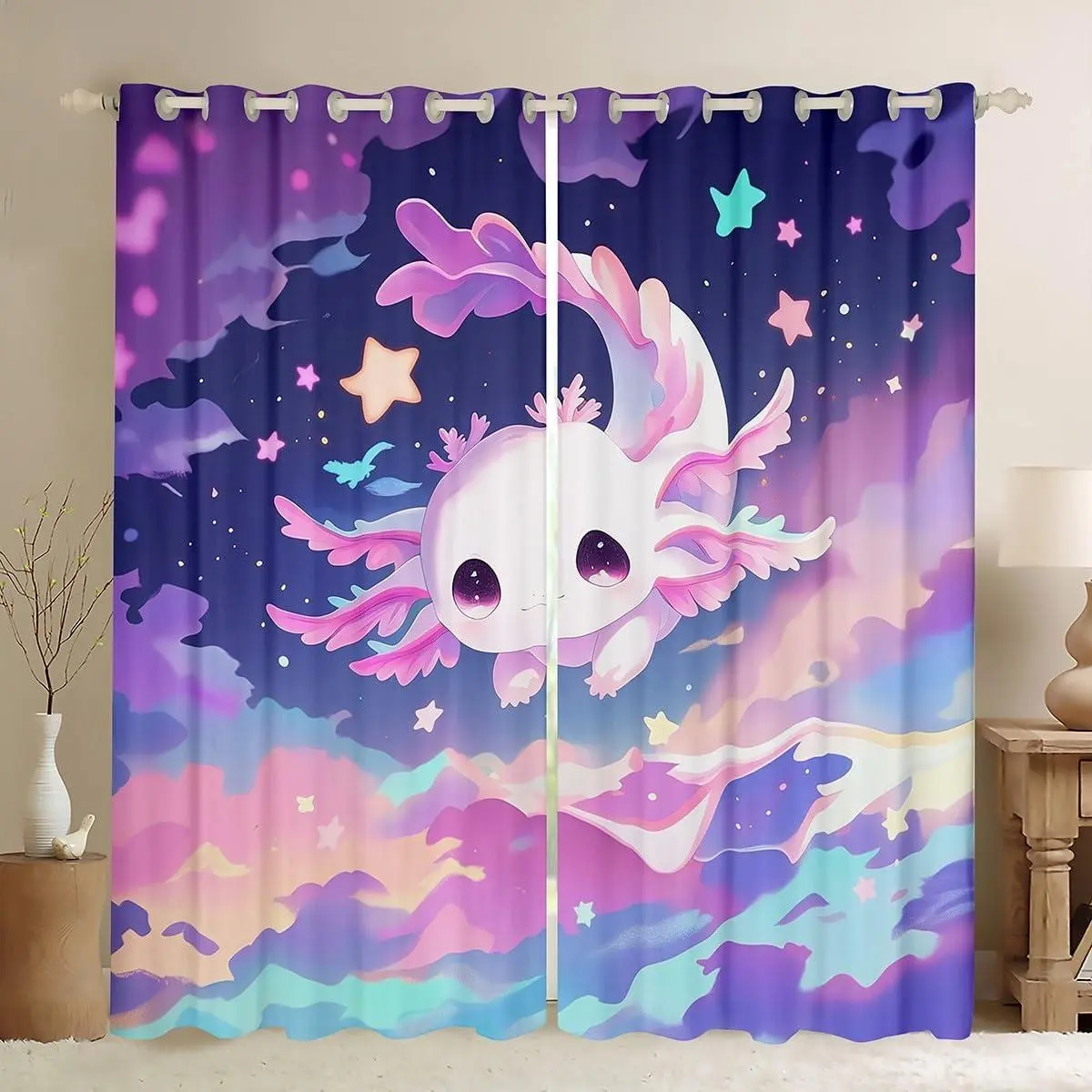 Pink Kawaii otl Window Curtains Cute otl Blackout Curtains Cartoon Salamander Animal Curtains & Drapes Women,Rainbow Cloud Stars Wildlife Curtains
