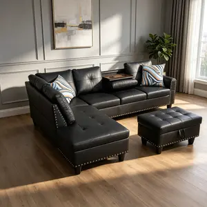 Black Faux Leather Synthetic Leather 3-Piece Sofa Set, stylish unified living room combo, soft faux leather touch, stable support frame, versatile design fits various home decoration styles