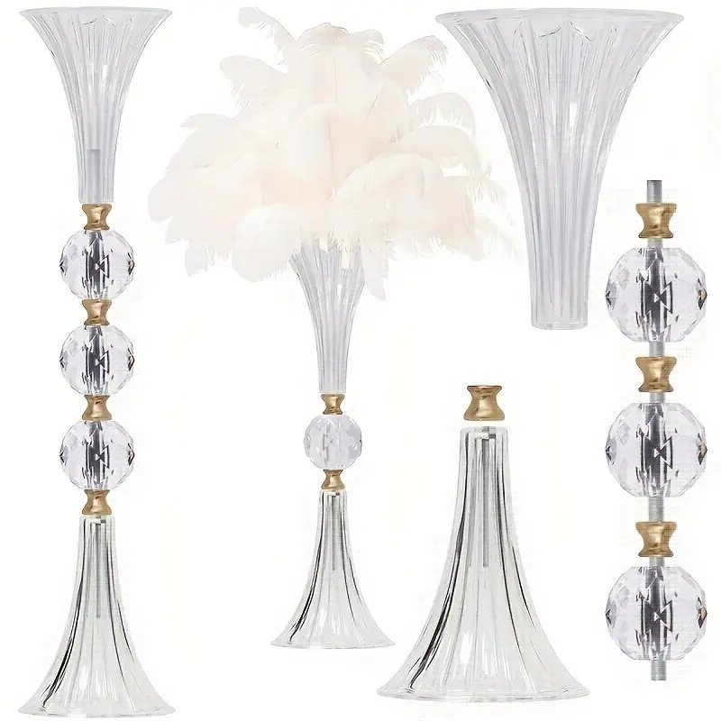 2 Crystal Acrylic Vases, 24.8 Clear Flower Stand with Ribbed Texture, Gold Decor for Wedding Center and Home Decor Event Table/Floor Vases, Bridal Shower and Bohemian Wedding